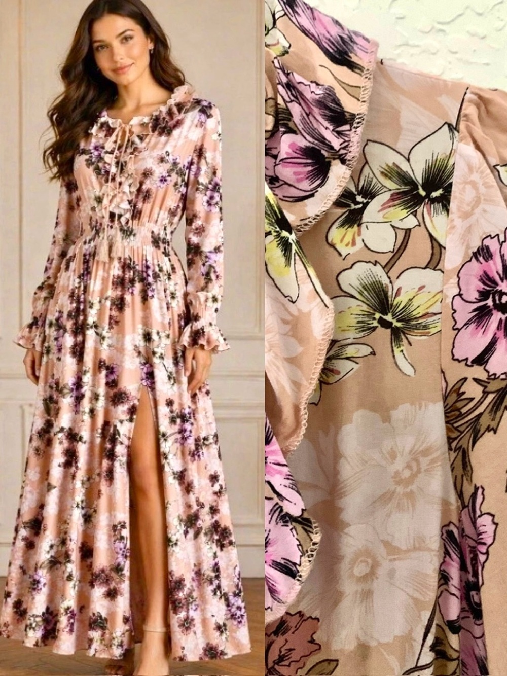 Jaase Australian Pink Mauve Floral Long Sleeve Ruffle Maxi Dress